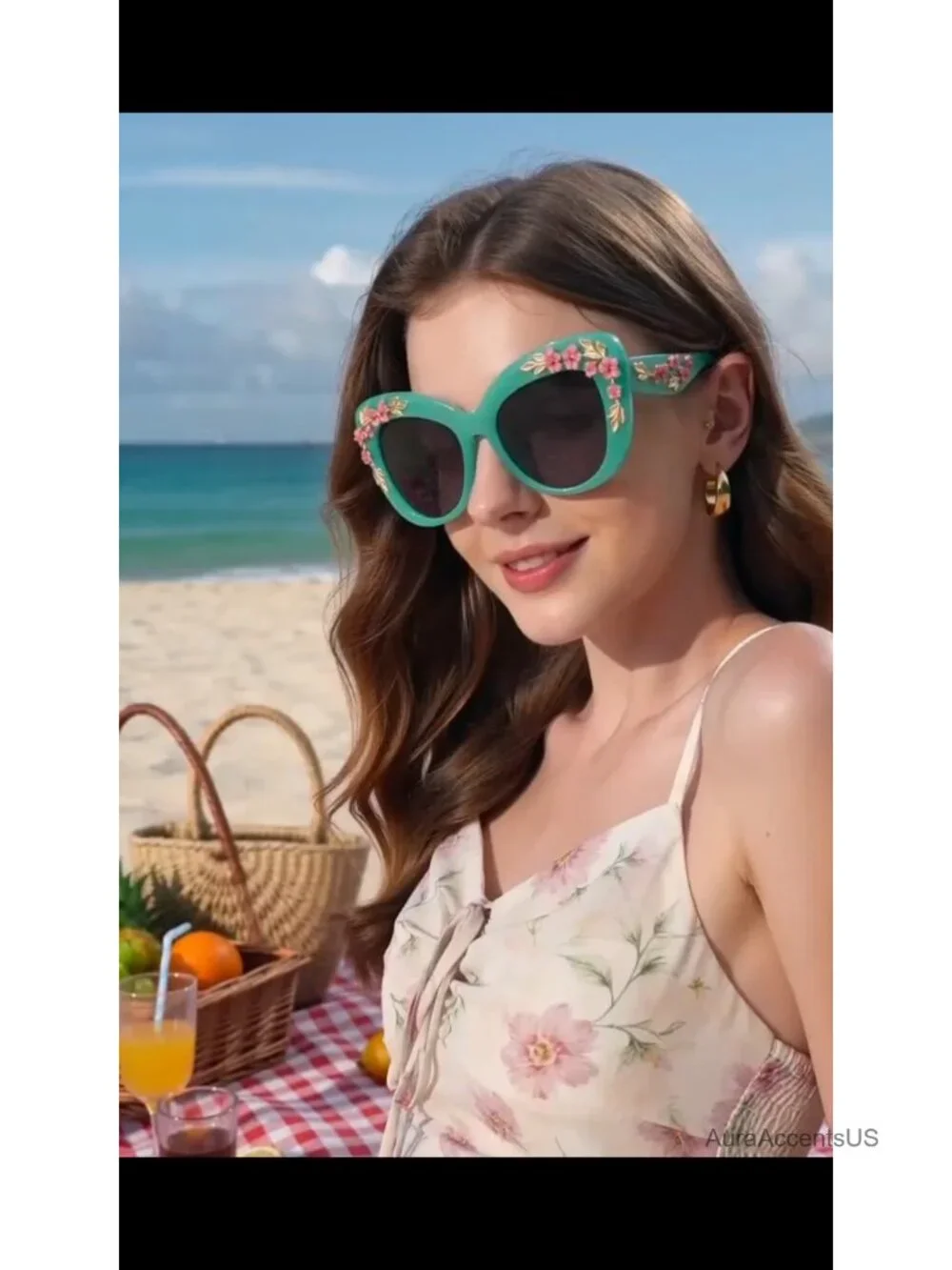 Oversized Cat Eye Sunglasses Gradient Floral Half Frame Retro UV Protection